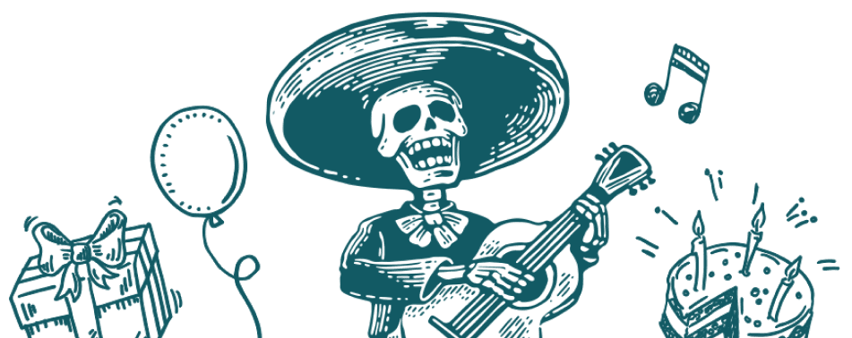 Skeleton singing and playing guitar